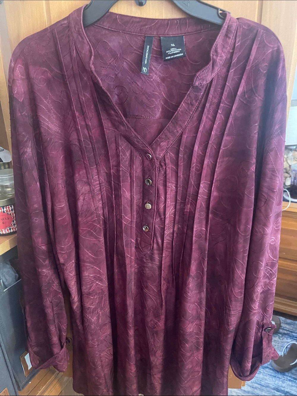 new directions Burgundy Button-Front Pleated Blouse